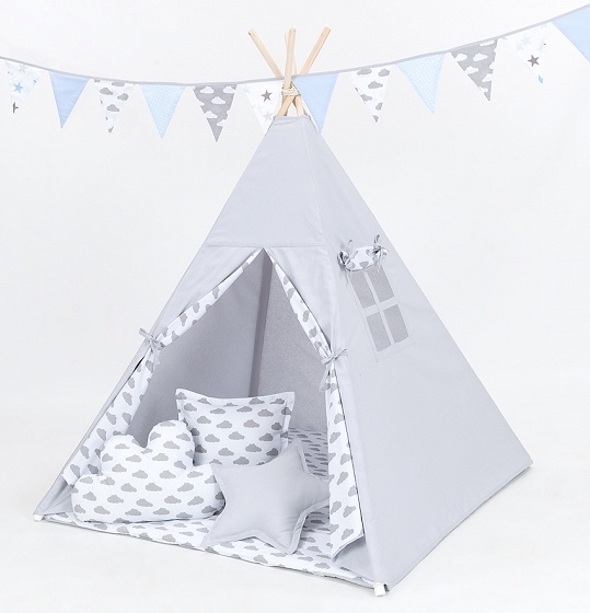 Stan pro děti teepee, týpí bez výbavy - šedý / mráčky šedé na bílém BABY NELLYS