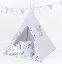 Stan pro děti teepee, týpí bez výbavy - šedý / mráčky šedé na bílém BABY NELLYS