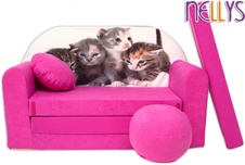 Rozkládací dětská pohovka s bobkem a polštářkem zdarma - Kočičky v růžové NELLYS